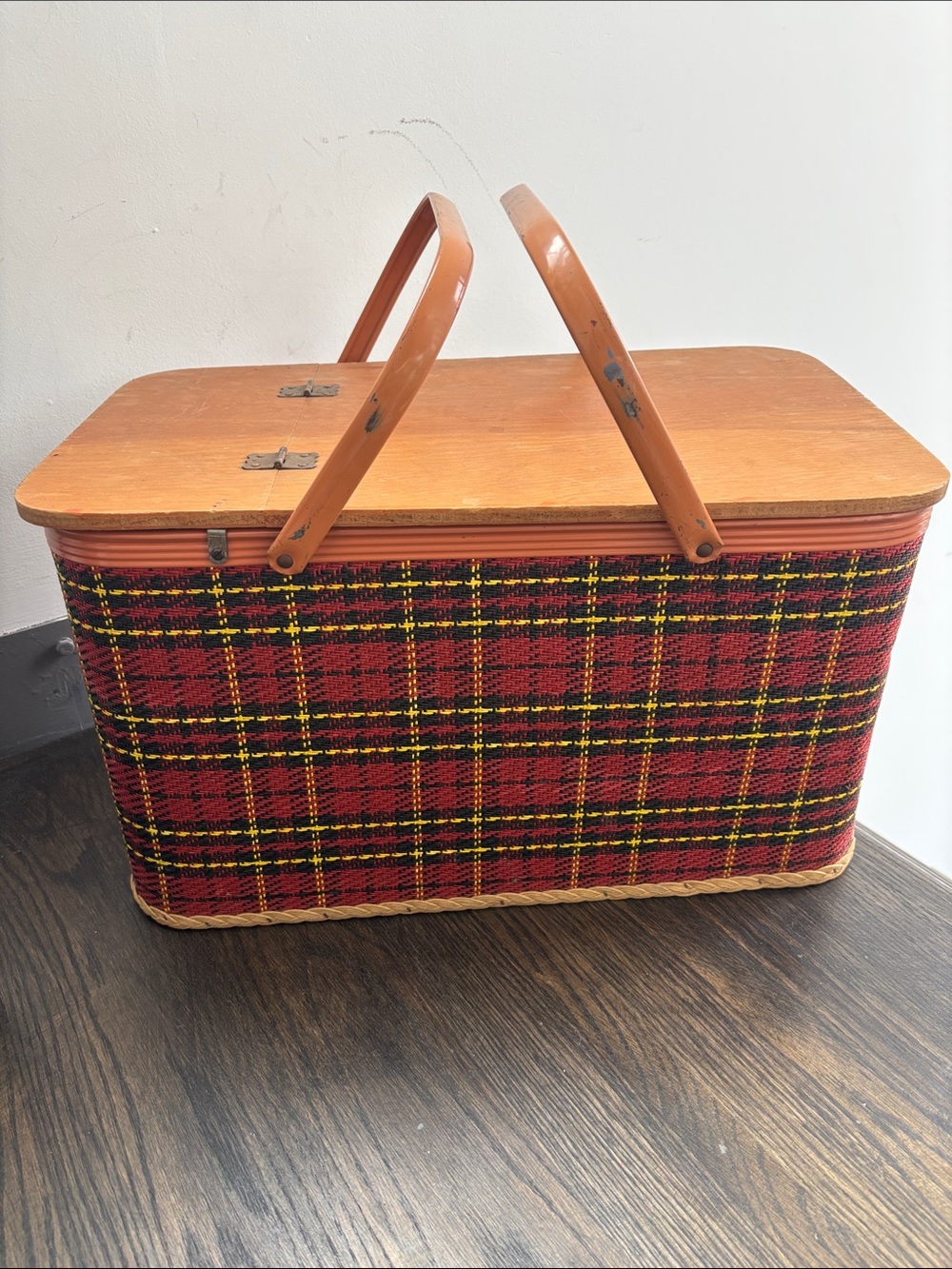Vintage Redmon picnic basket, red/black/yellow plaid,metal handles, wood, 11x20”